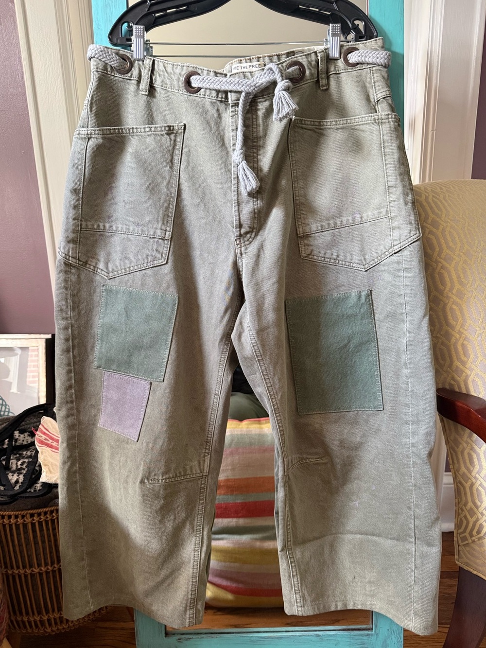 NWT - We The Free Sage Patchwork Cargo Pants with Rope Belt Olive green